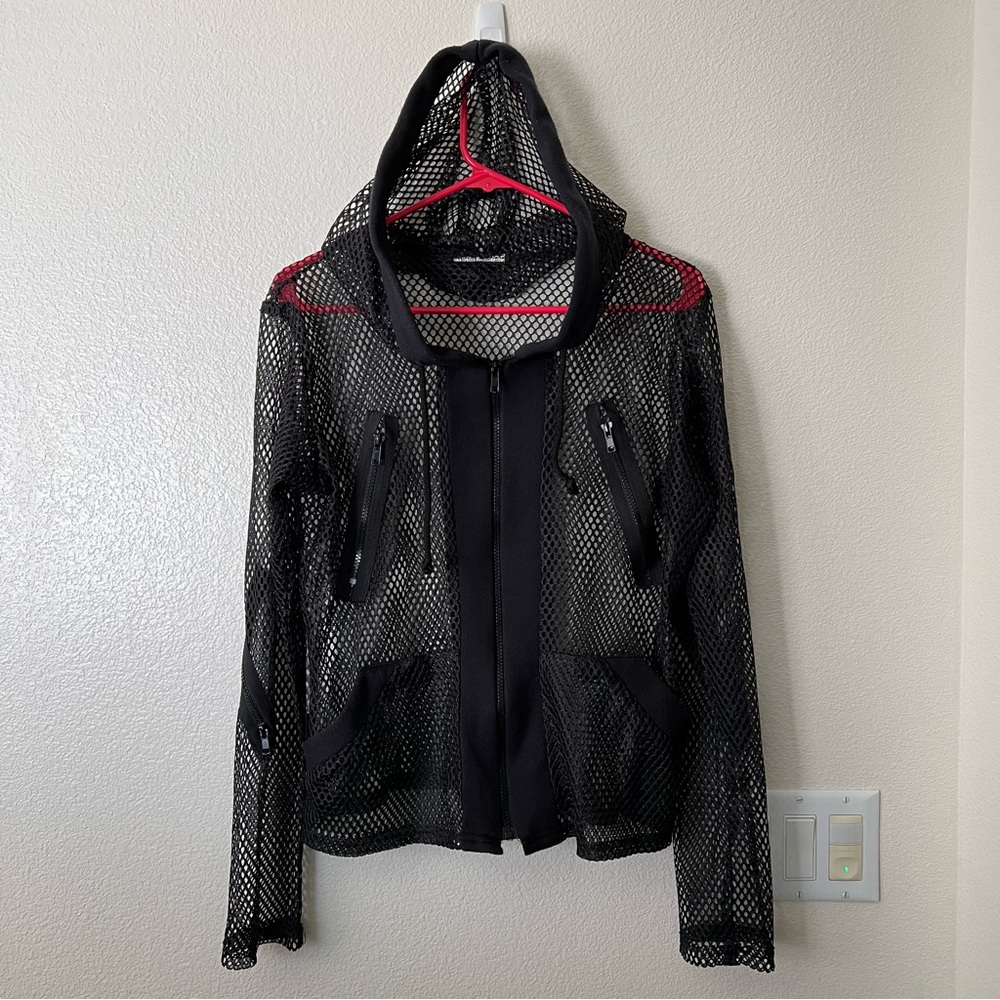 Vintage Y2K Goth Hot Topic Serious Brand Black Fishnet Hooded Jacket - Rare! HTF